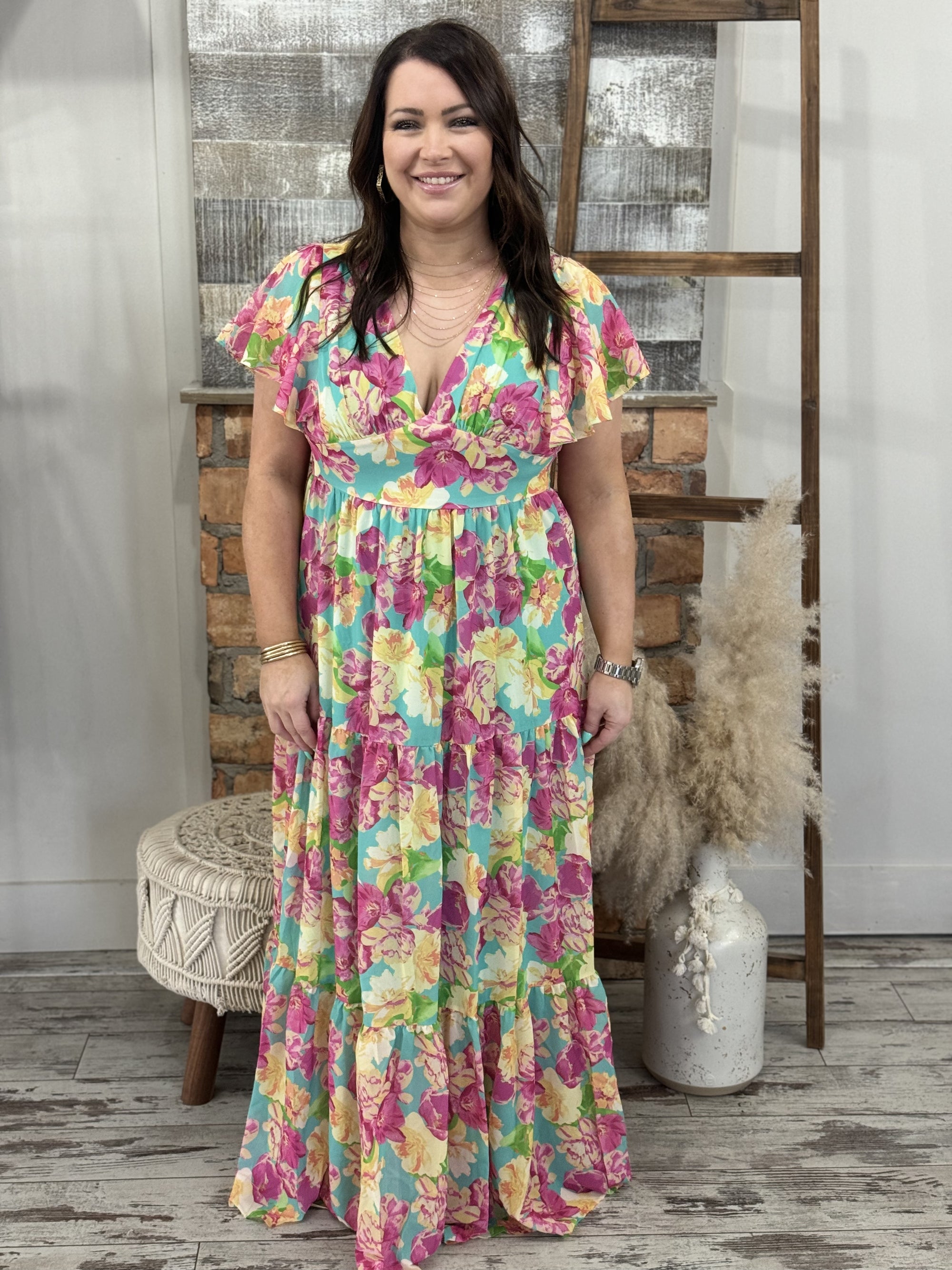 Floral Flutter Sleeve Maxi Dress