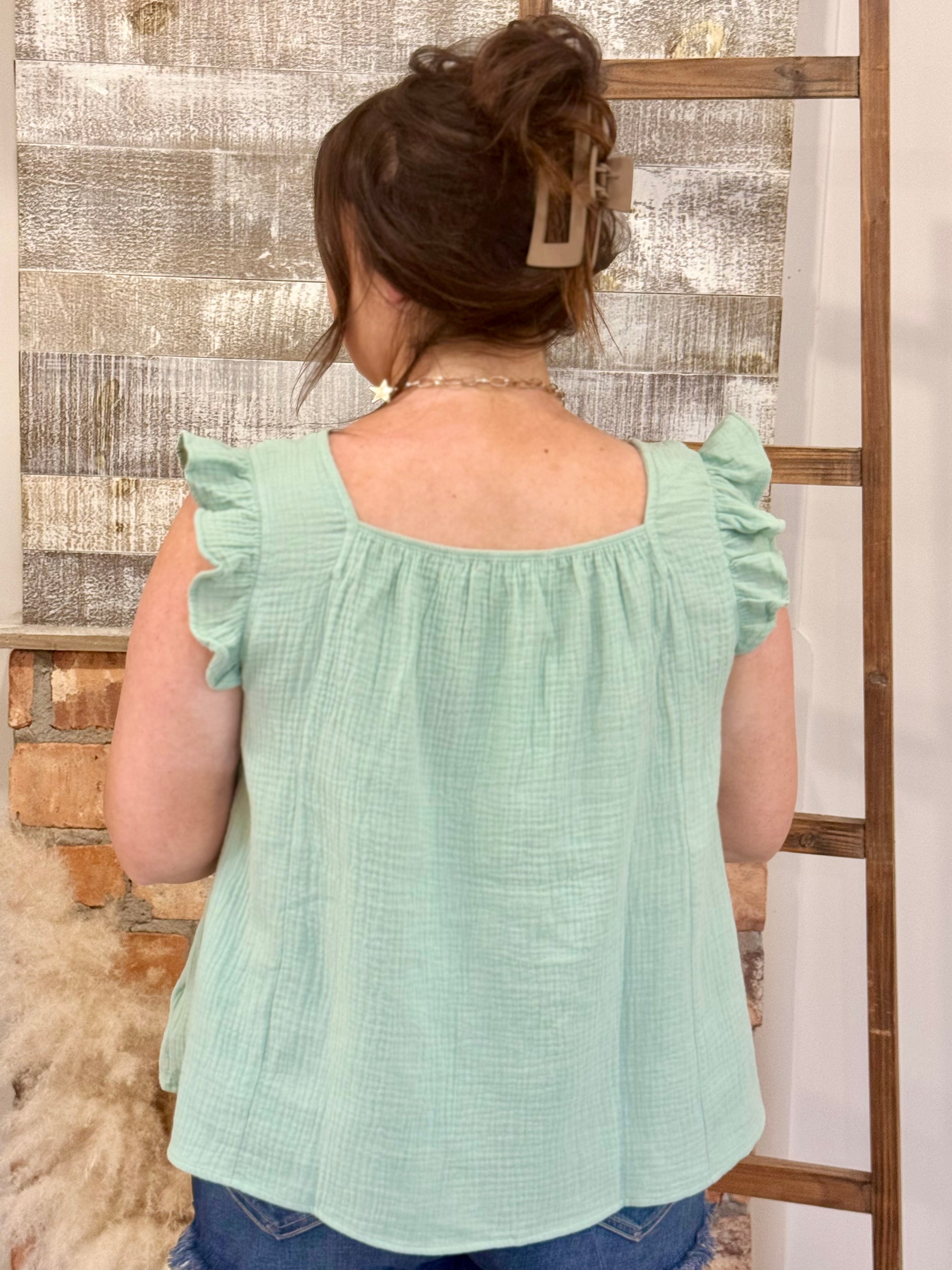 Ruffle Sleeve Gauze Top in Sage