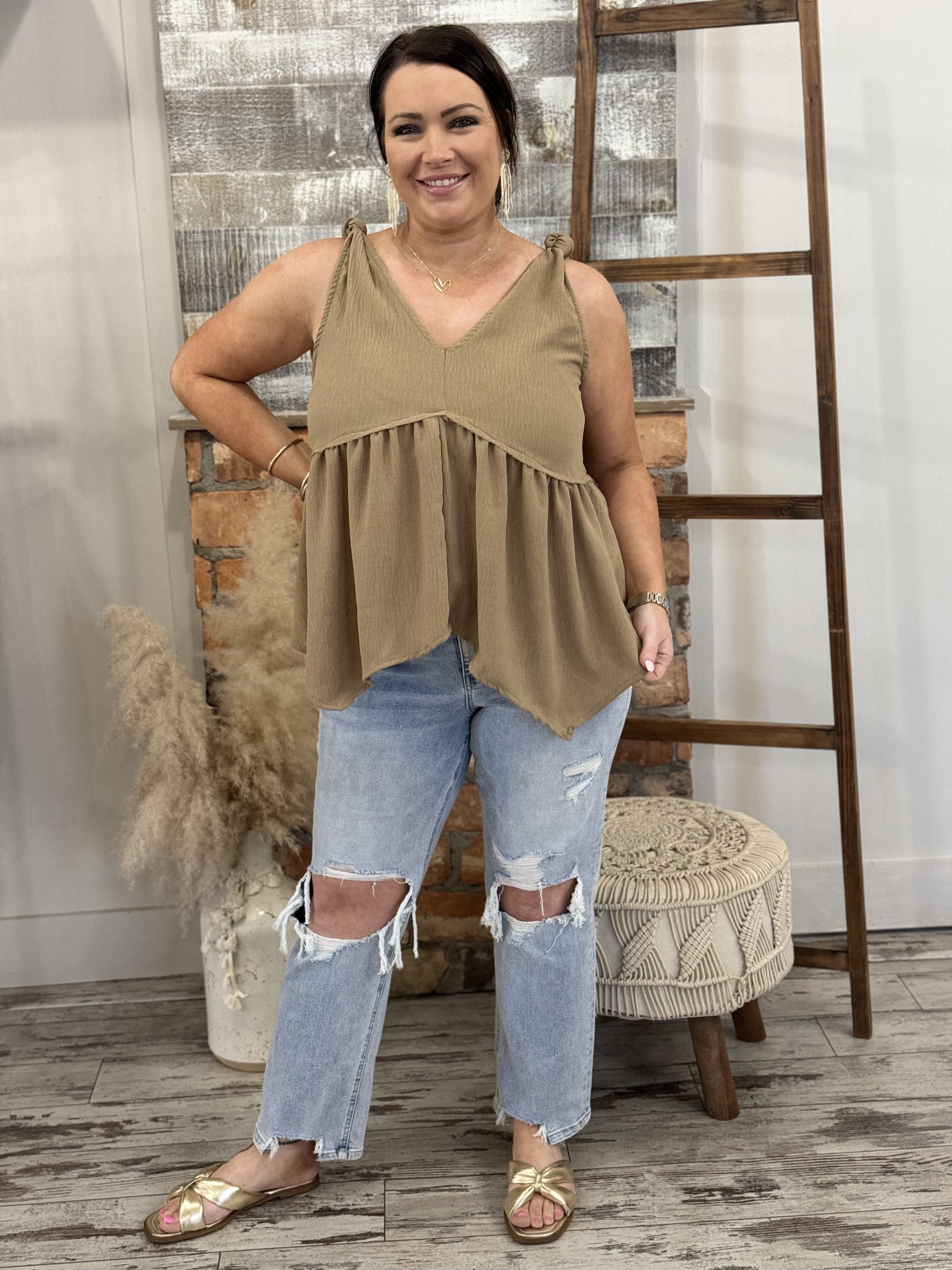 Textured Asymmetric Hem Tank Top in Mocha